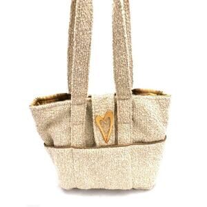 Bag Lady Original Purse Tote Shopper Bag Pockets Gold Metallic Heart Ivory
